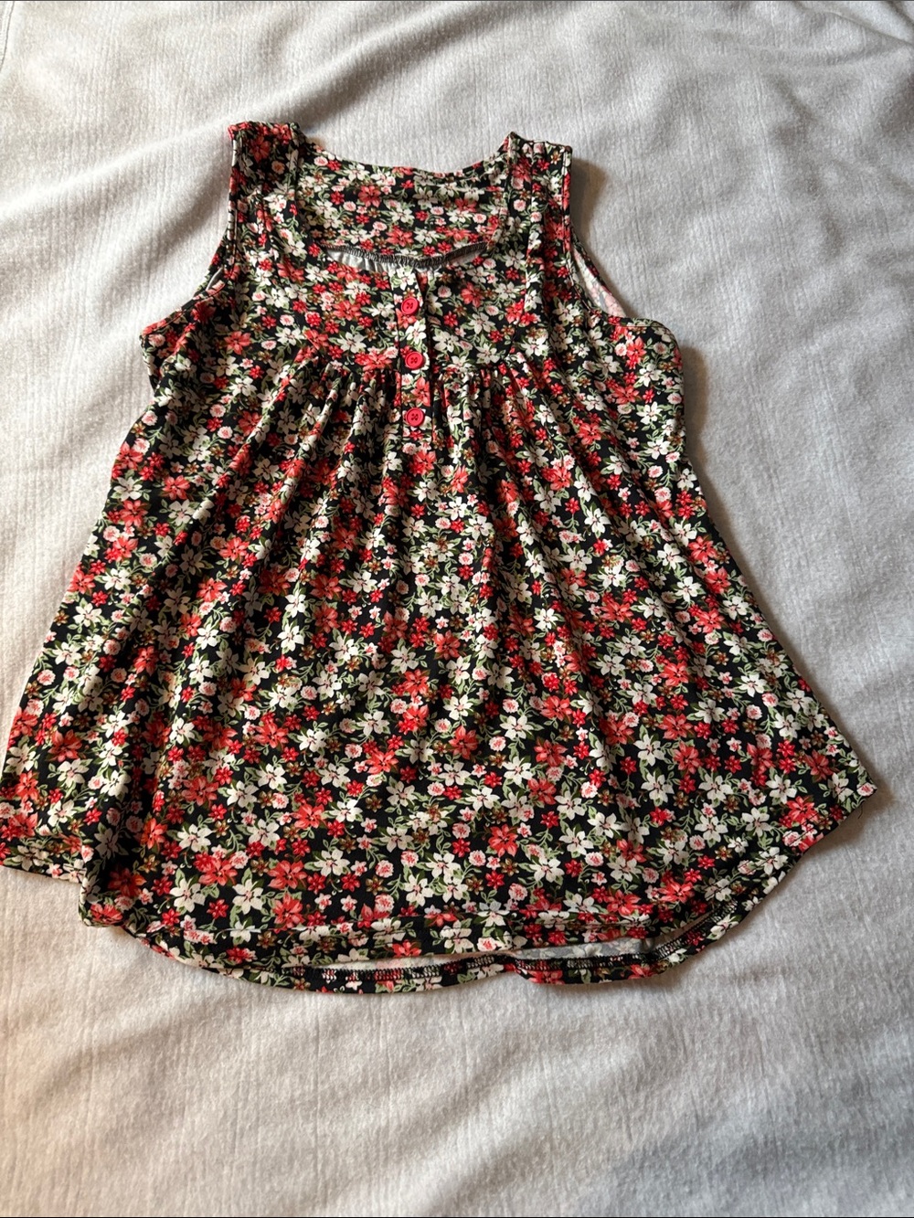 Floral Sleeveless Babydoll Tank Top - Black with Red & White Flowers